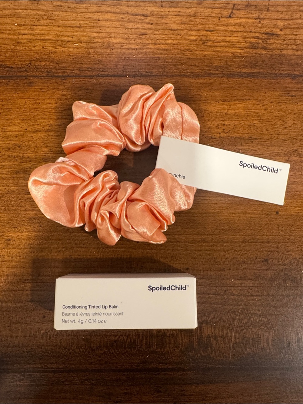 SpoiledChild Satin Scrunchie in Peach and Conditioned Tinted Lip Balm